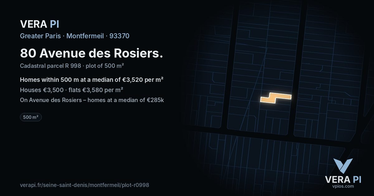 80 Avenue des Rosiers, Montfermeil at night – the plot lit, the parcels around coloured by the prices near them