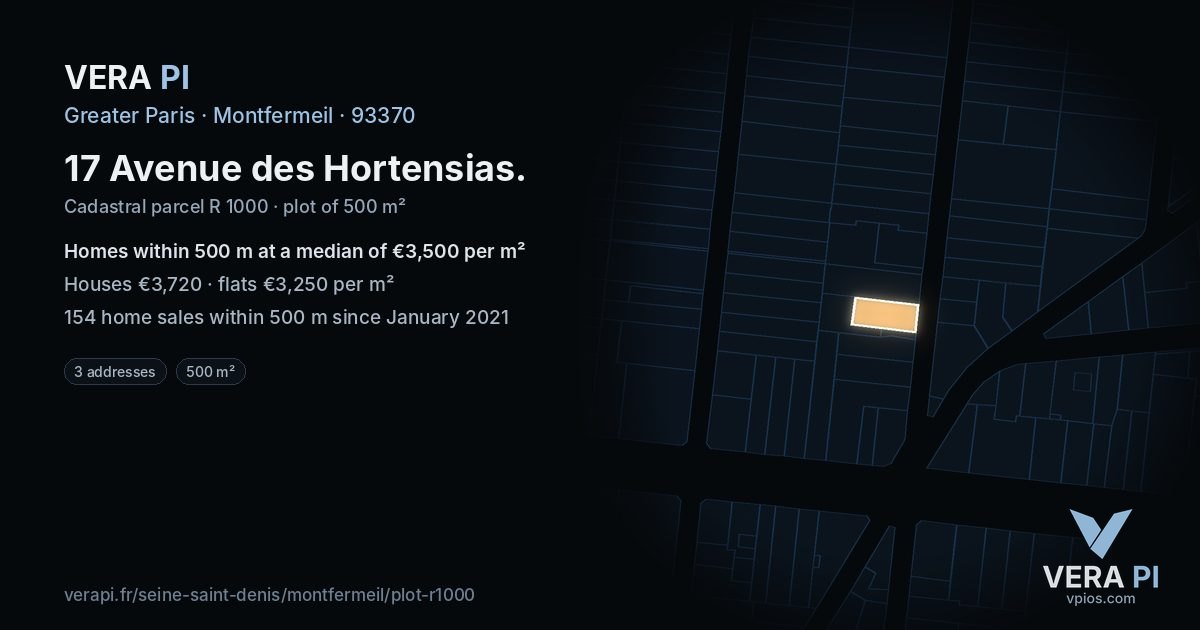 17 Avenue des Hortensias, Montfermeil at night – the plot lit, the parcels around coloured by the prices near them