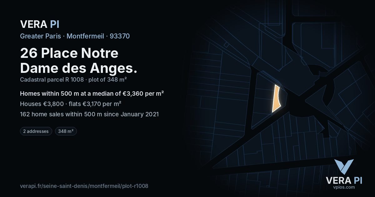 26 Place Notre Dame des Anges, Montfermeil at night – the plot lit, the parcels around coloured by the prices near them