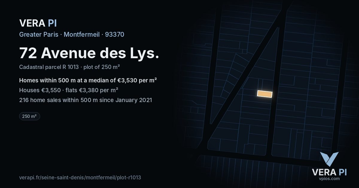 72 Avenue des Lys, Montfermeil at night – the plot lit, the parcels around coloured by the prices near them