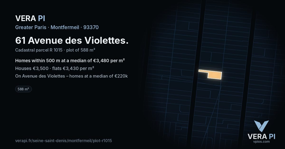 61 Avenue des Violettes, Montfermeil at night – the plot lit, the parcels around coloured by the prices near them