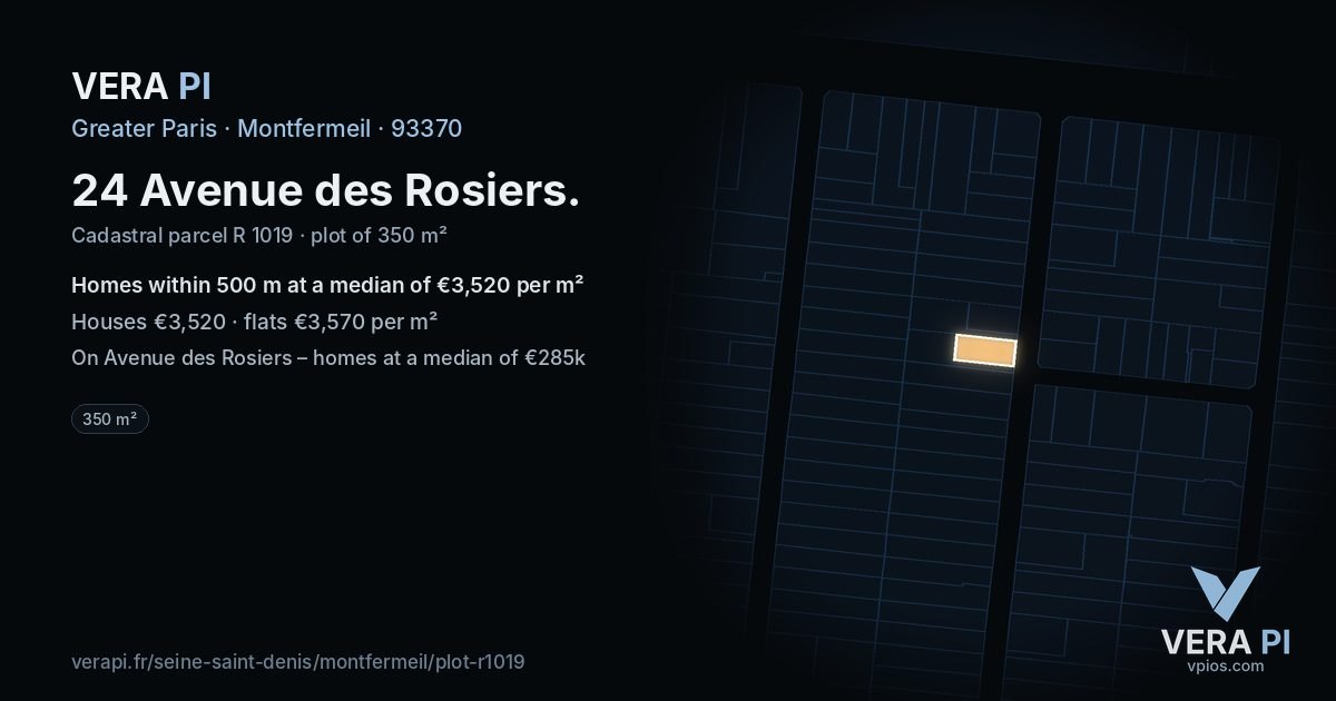 24 Avenue des Rosiers, Montfermeil at night – the plot lit, the parcels around coloured by the prices near them