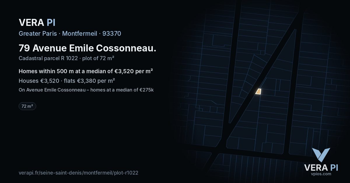 79 Avenue Emile Cossonneau, Montfermeil at night – the plot lit, the parcels around coloured by the prices near them