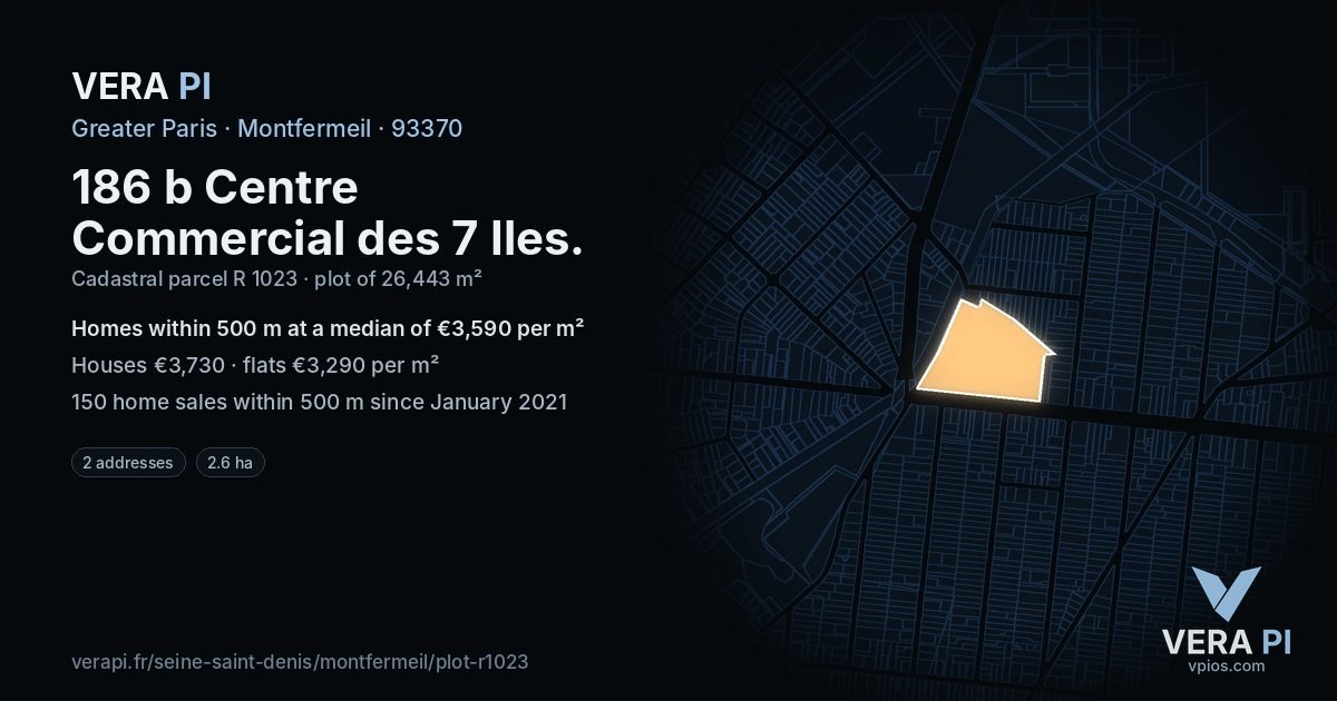 186 b Centre Commercial des 7 Iles, Montfermeil at night – the plot lit, the parcels around coloured by the prices near them