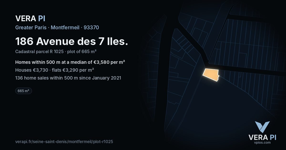 186 Avenue des 7 Iles, Montfermeil at night – the plot lit, the parcels around coloured by the prices near them