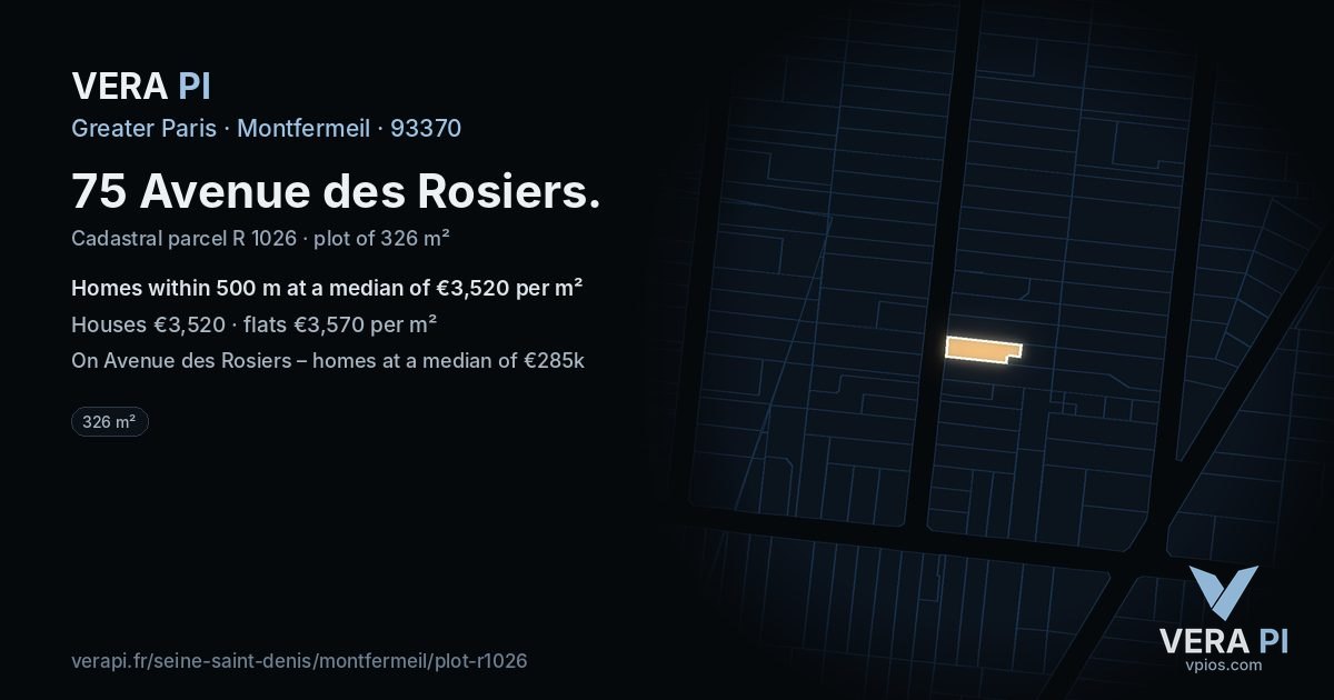 75 Avenue des Rosiers, Montfermeil at night – the plot lit, the parcels around coloured by the prices near them
