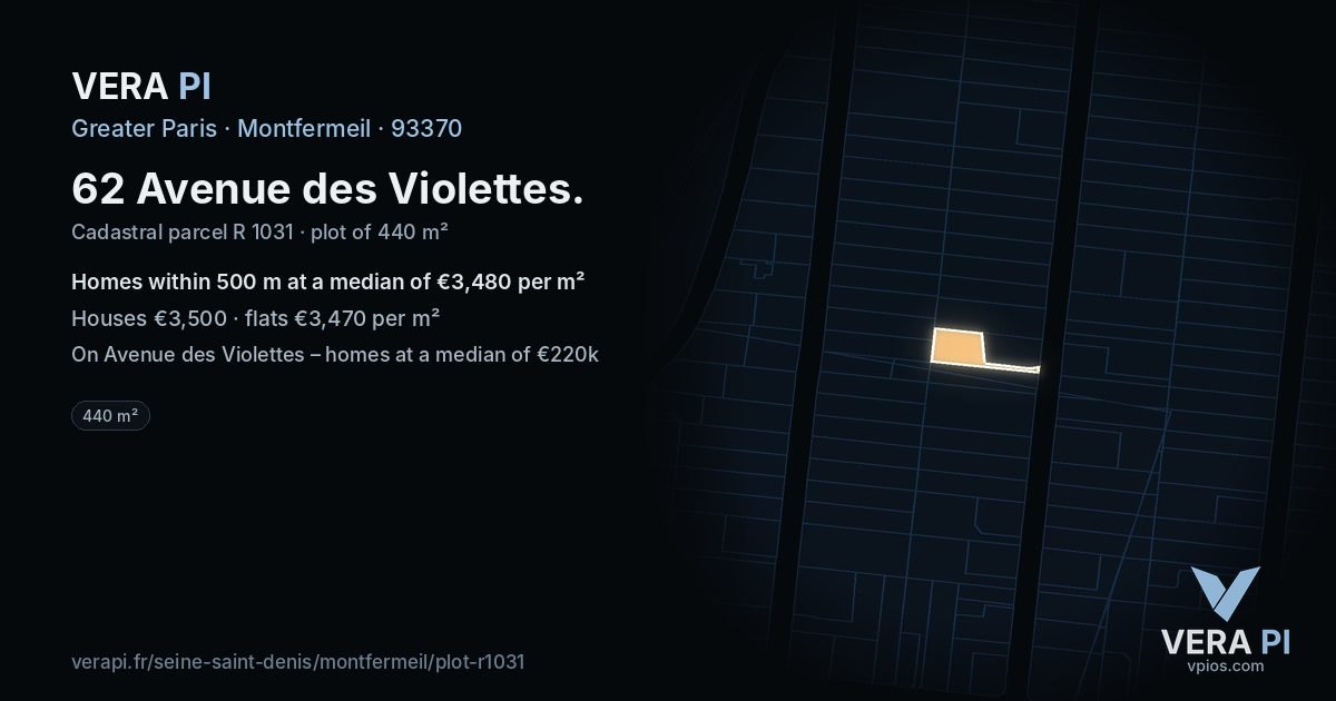 62 Avenue des Violettes, Montfermeil at night – the plot lit, the parcels around coloured by the prices near them