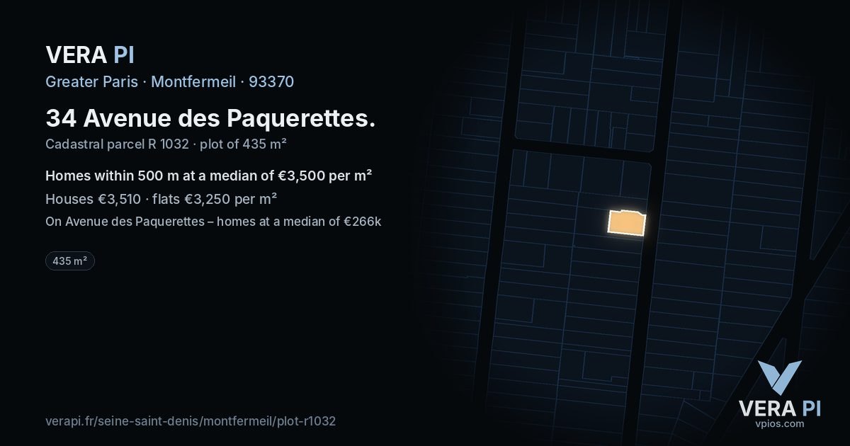 34 Avenue des Paquerettes, Montfermeil at night – the plot lit, the parcels around coloured by the prices near them