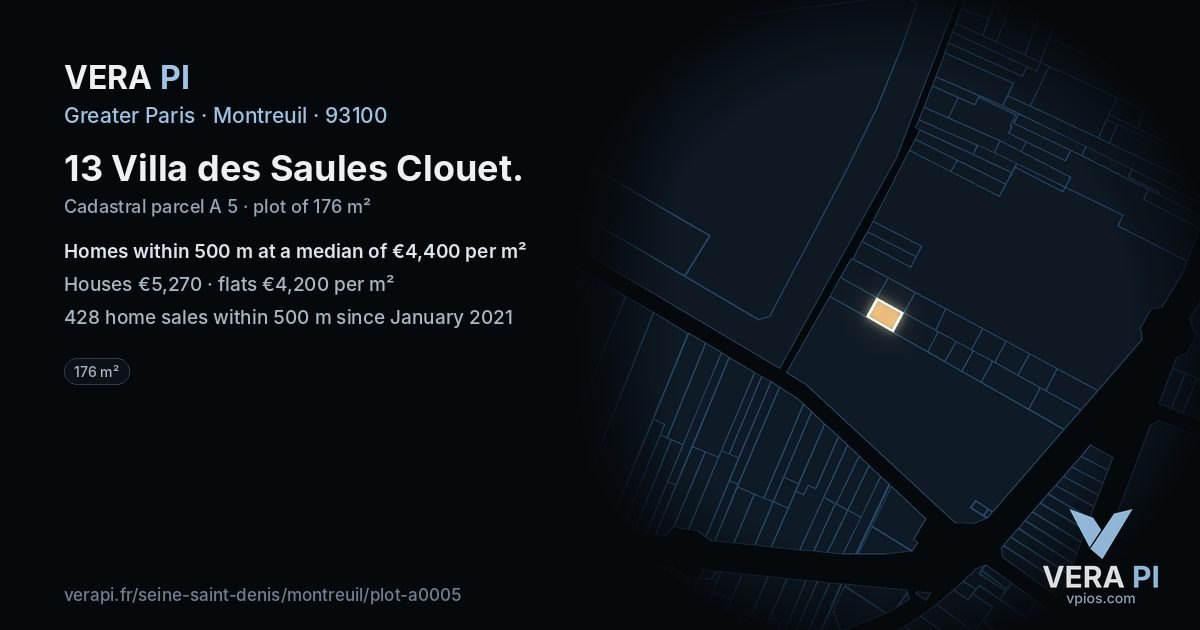 13 Villa des Saules Clouet, Montreuil at night – the plot lit, the parcels around coloured by the prices near them