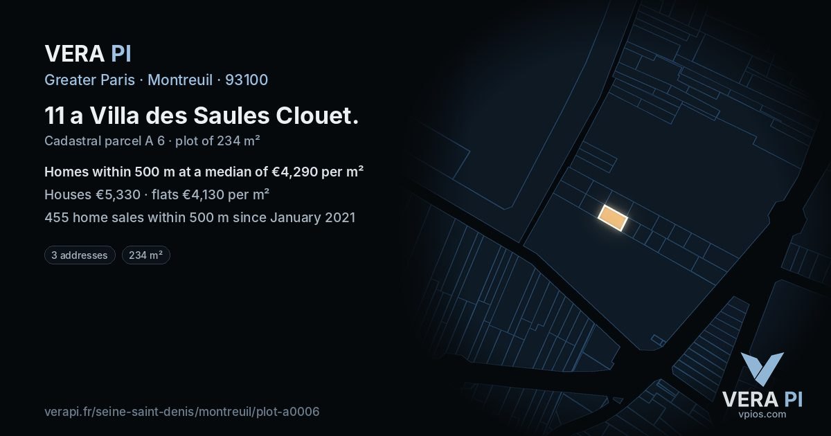 11 a Villa des Saules Clouet, Montreuil at night – the plot lit, the parcels around coloured by the prices near them