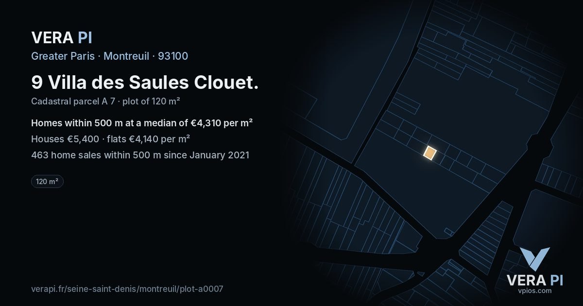 9 Villa des Saules Clouet, Montreuil at night – the plot lit, the parcels around coloured by the prices near them