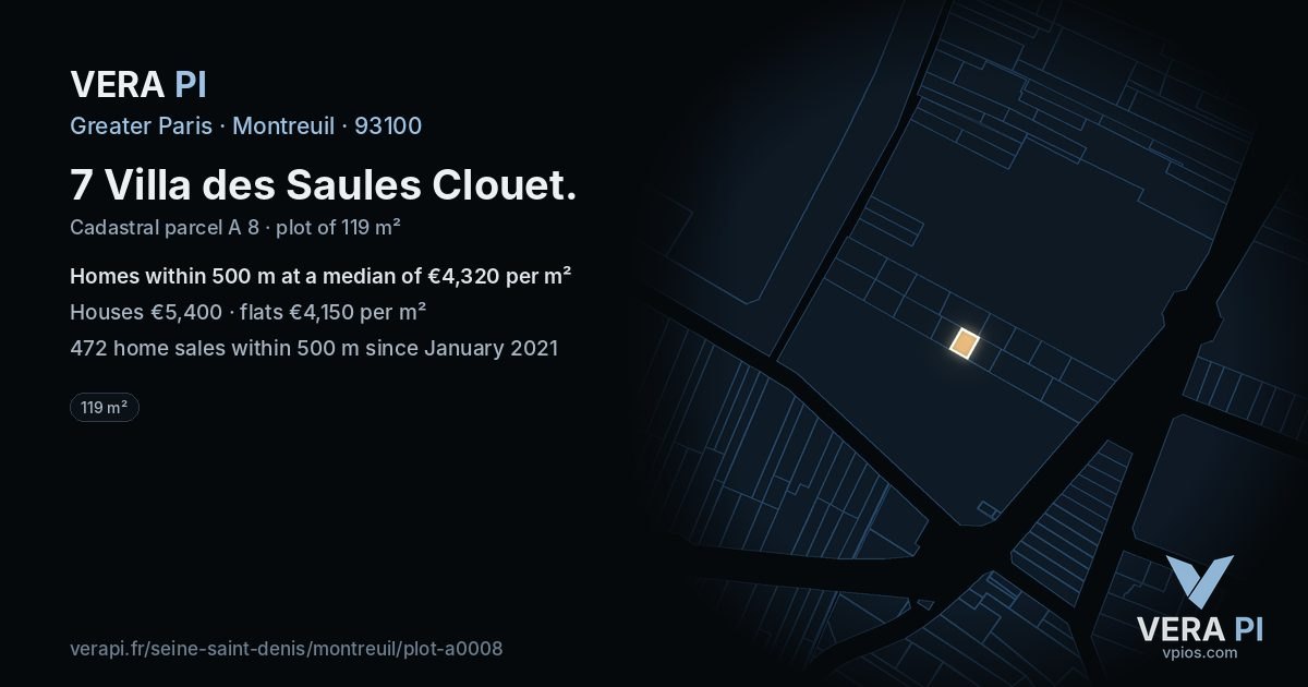7 Villa des Saules Clouet, Montreuil at night – the plot lit, the parcels around coloured by the prices near them