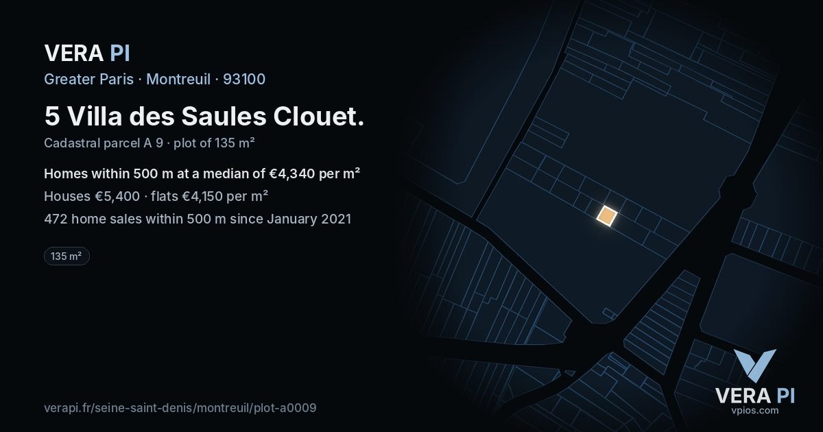 5 Villa des Saules Clouet, Montreuil at night – the plot lit, the parcels around coloured by the prices near them