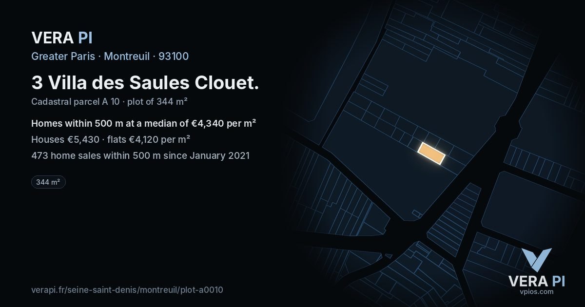 3 Villa des Saules Clouet, Montreuil at night – the plot lit, the parcels around coloured by the prices near them