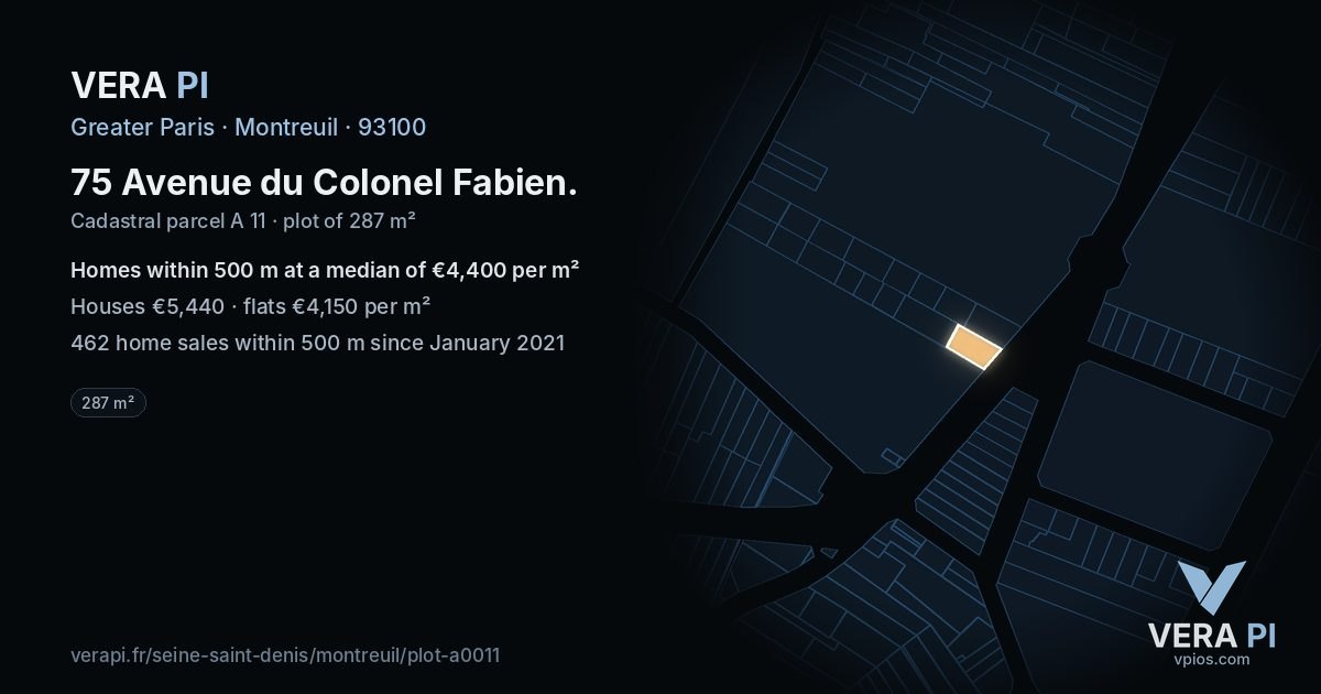 75 Avenue du Colonel Fabien, Montreuil at night – the plot lit, the parcels around coloured by the prices near them