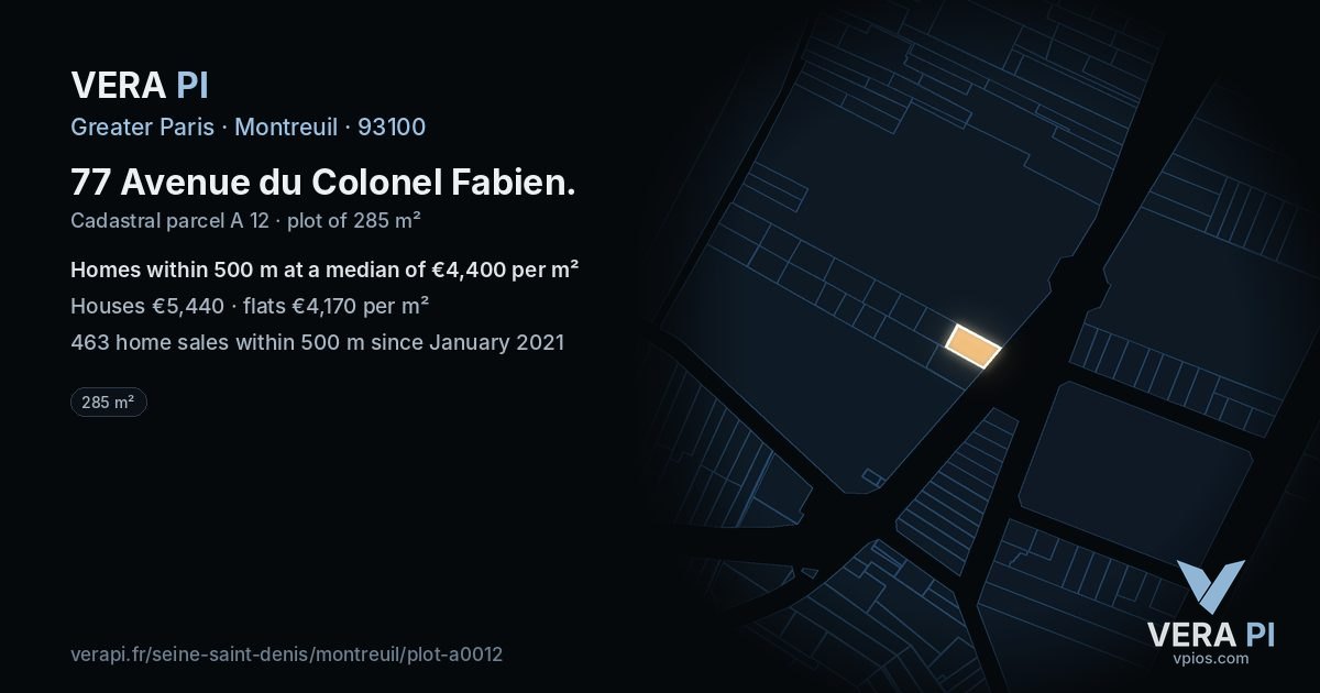 77 Avenue du Colonel Fabien, Montreuil at night – the plot lit, the parcels around coloured by the prices near them