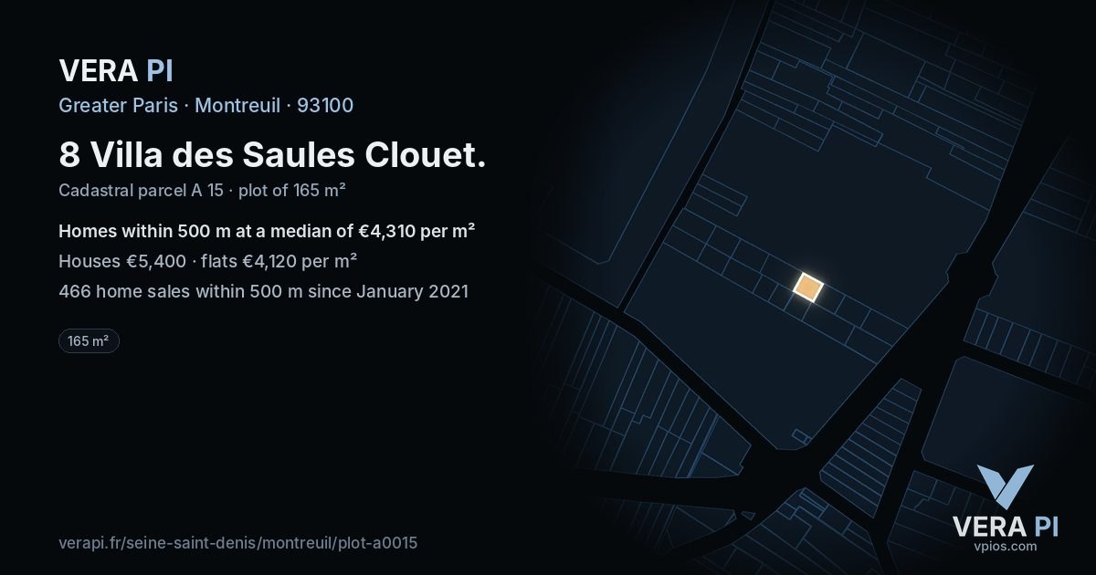 8 Villa des Saules Clouet, Montreuil at night – the plot lit, the parcels around coloured by the prices near them