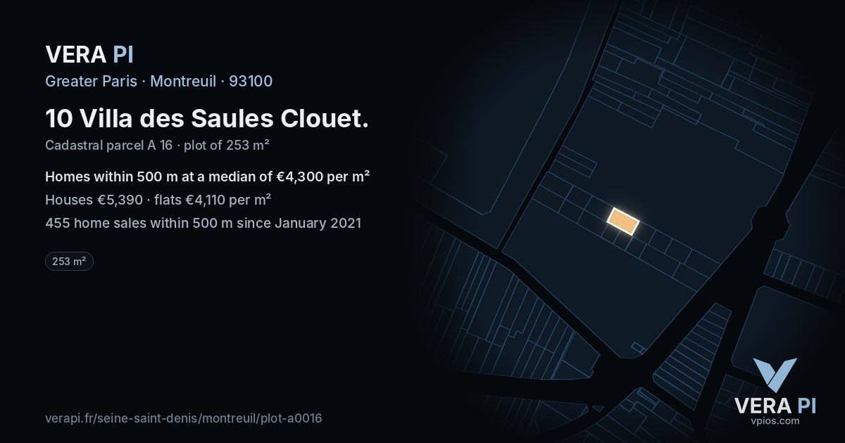 10 Villa des Saules Clouet, Montreuil at night – the plot lit, the parcels around coloured by the prices near them
