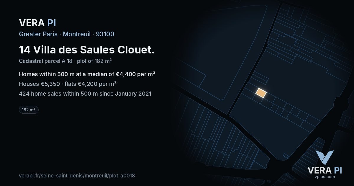 14 Villa des Saules Clouet, Montreuil at night – the plot lit, the parcels around coloured by the prices near them