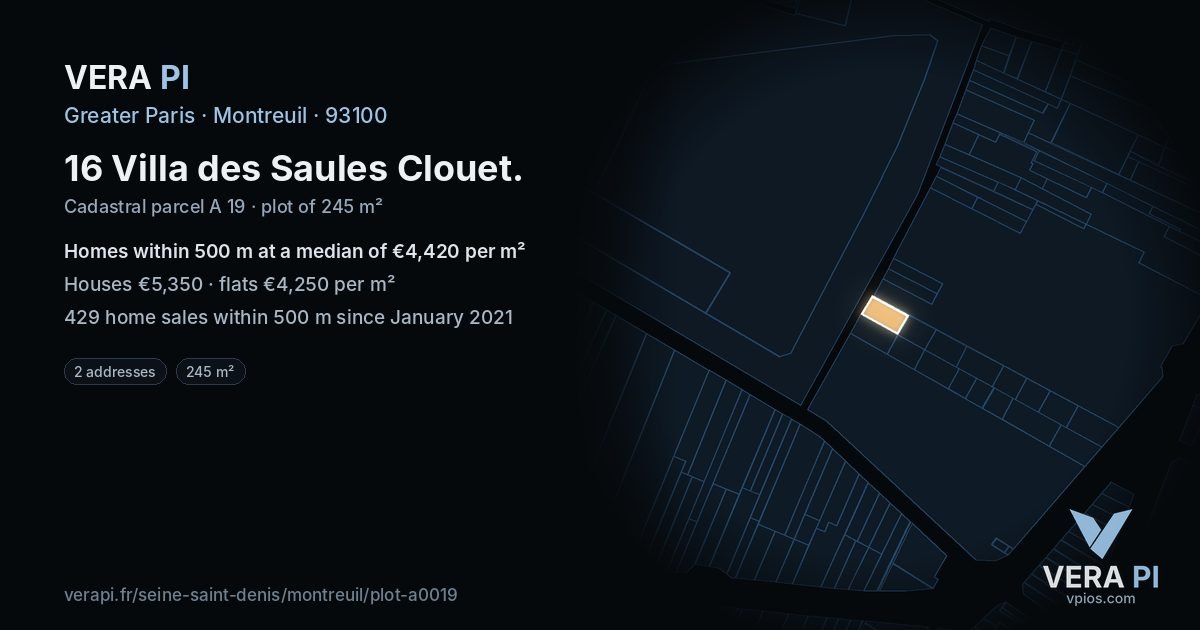 16 Villa des Saules Clouet, Montreuil at night – the plot lit, the parcels around coloured by the prices near them