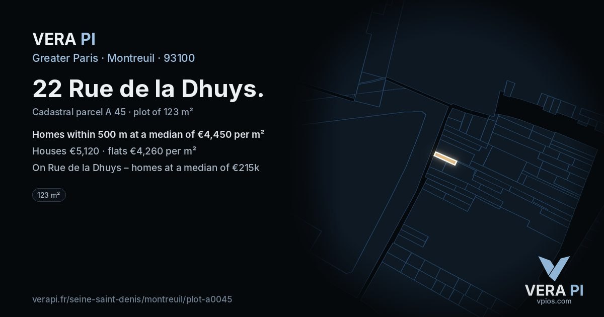 22 Rue de la Dhuys, Montreuil at night – the plot lit, the parcels around coloured by the prices near them