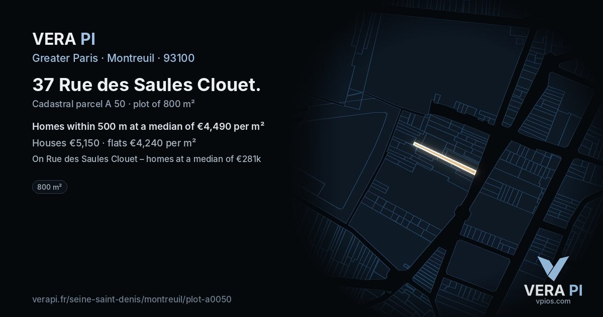 37 Rue des Saules Clouet, Montreuil at night – the plot lit, the parcels around coloured by the prices near them