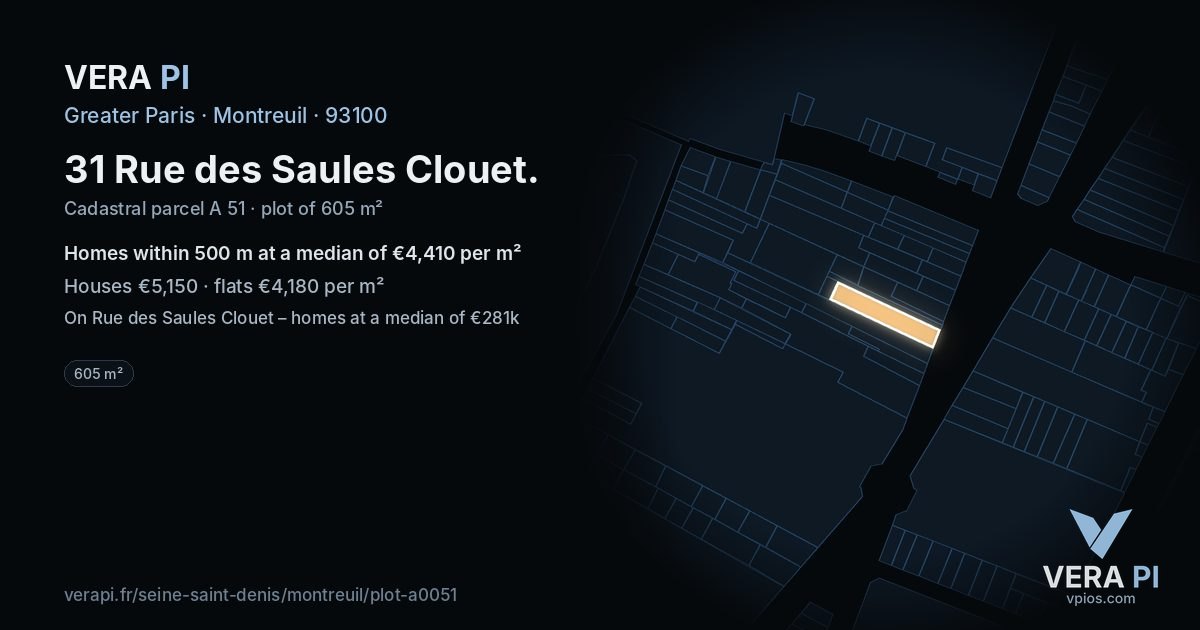 31 Rue des Saules Clouet, Montreuil at night – the plot lit, the parcels around coloured by the prices near them