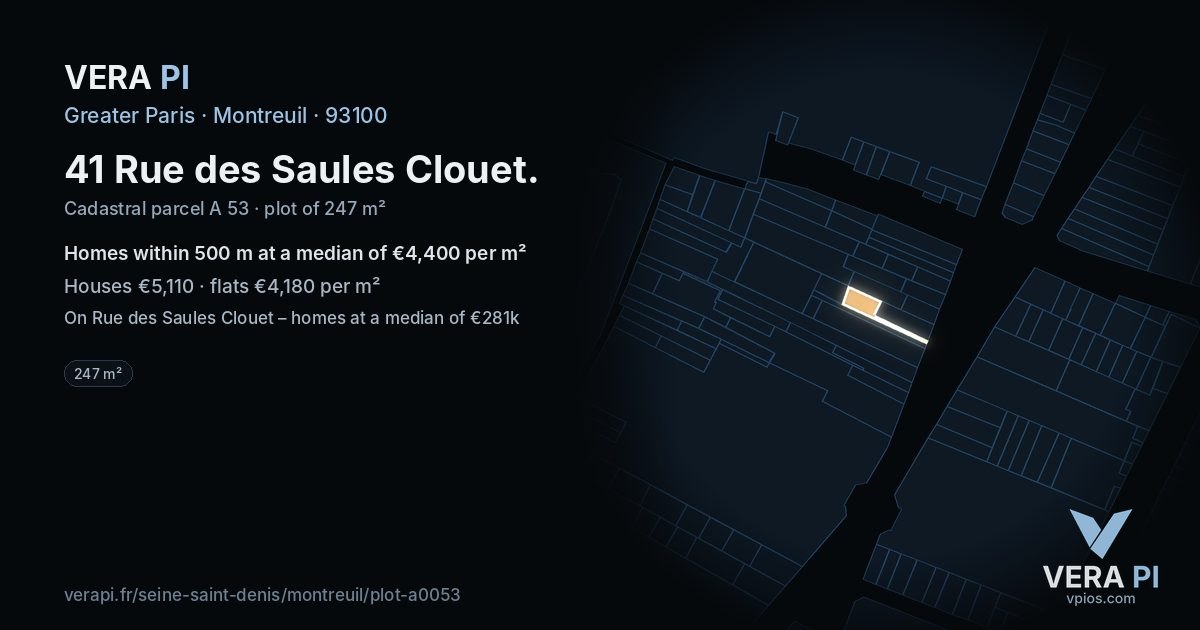 41 Rue des Saules Clouet, Montreuil at night – the plot lit, the parcels around coloured by the prices near them