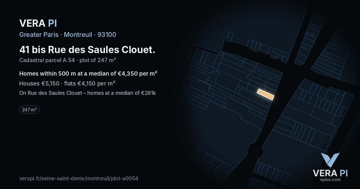 41 bis Rue des Saules Clouet, Montreuil at night – the plot lit, the parcels around coloured by the prices near them
