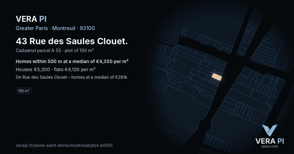 43 Rue des Saules Clouet, Montreuil at night – the plot lit, the parcels around coloured by the prices near them