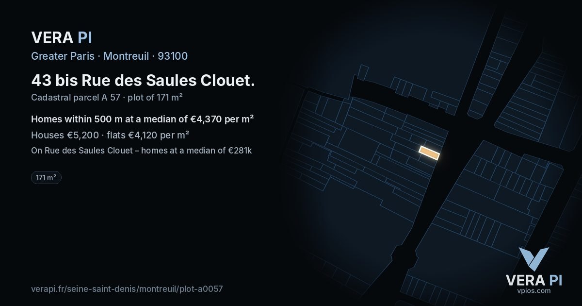 43 bis Rue des Saules Clouet, Montreuil at night – the plot lit, the parcels around coloured by the prices near them