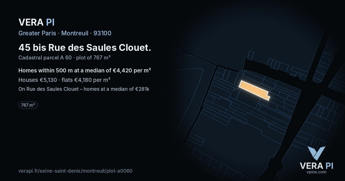 45 bis Rue des Saules Clouet, Montreuil at night – the plot lit, the parcels around coloured by the prices near them
