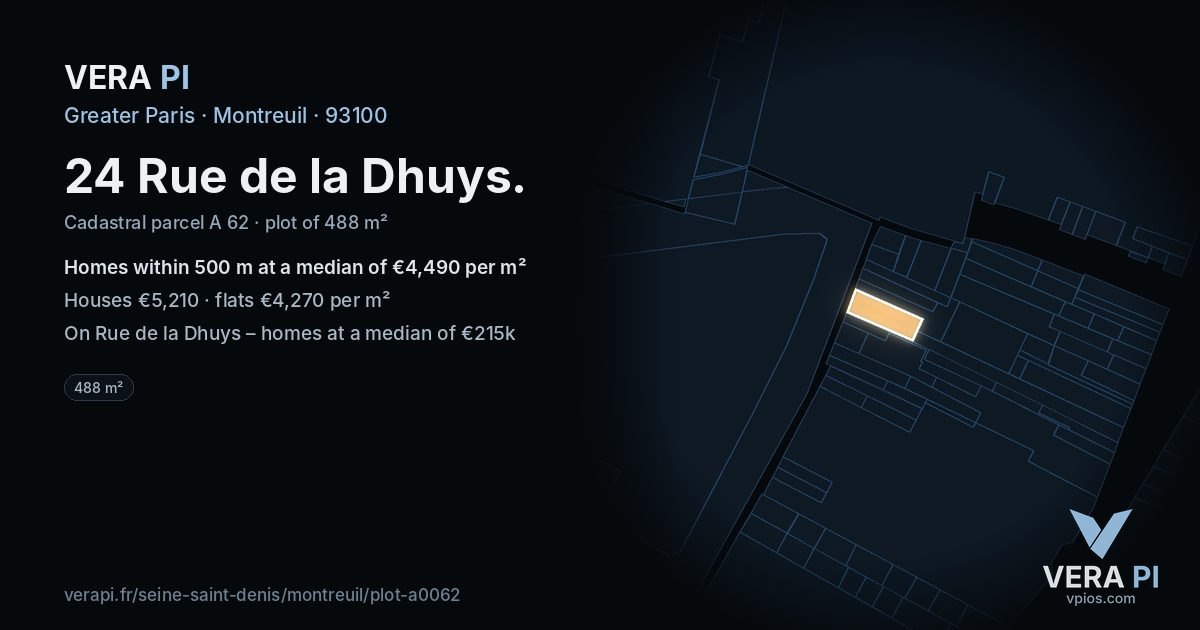 24 Rue de la Dhuys, Montreuil at night – the plot lit, the parcels around coloured by the prices near them