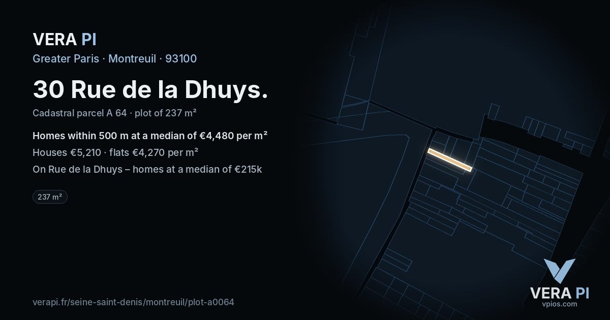 30 Rue de la Dhuys, Montreuil at night – the plot lit, the parcels around coloured by the prices near them