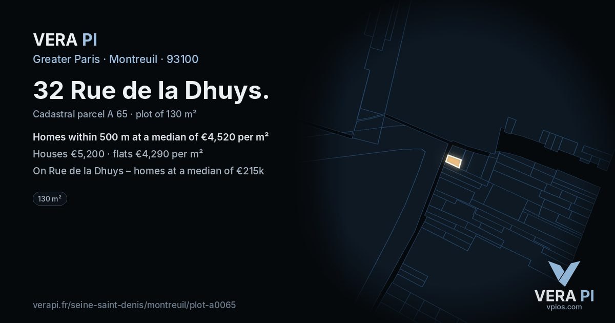 32 Rue de la Dhuys, Montreuil at night – the plot lit, the parcels around coloured by the prices near them