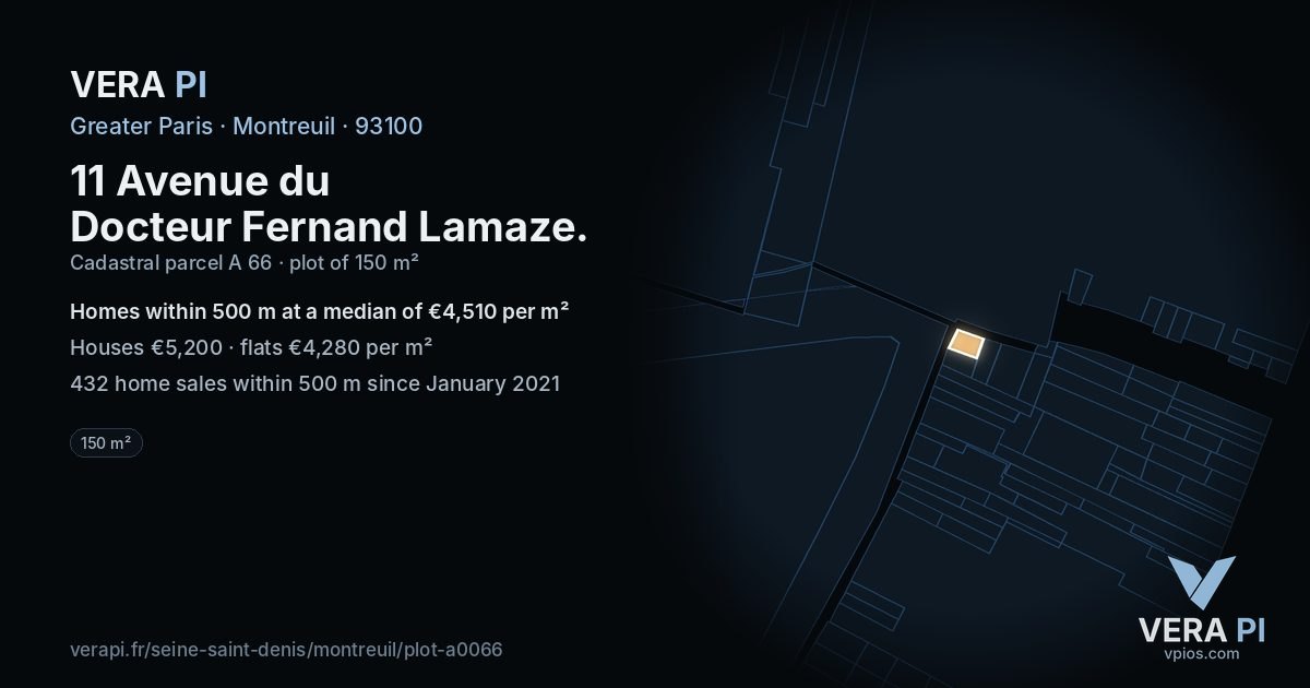 11 Avenue du Docteur Fernand Lamaze, Montreuil at night – the plot lit, the parcels around coloured by the prices near them