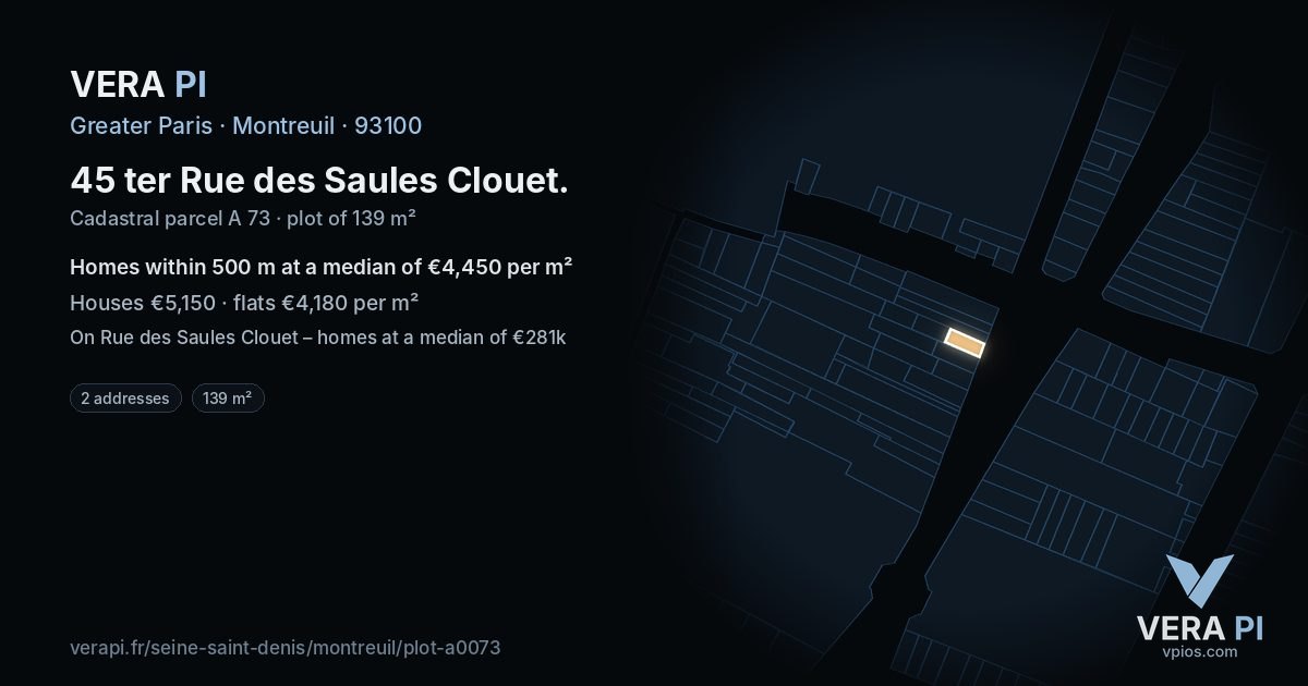 45 ter Rue des Saules Clouet, Montreuil at night – the plot lit, the parcels around coloured by the prices near them