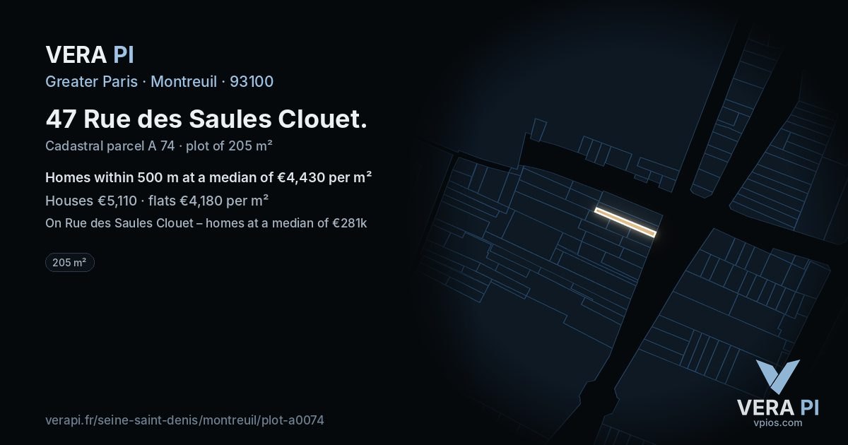 47 Rue des Saules Clouet, Montreuil at night – the plot lit, the parcels around coloured by the prices near them