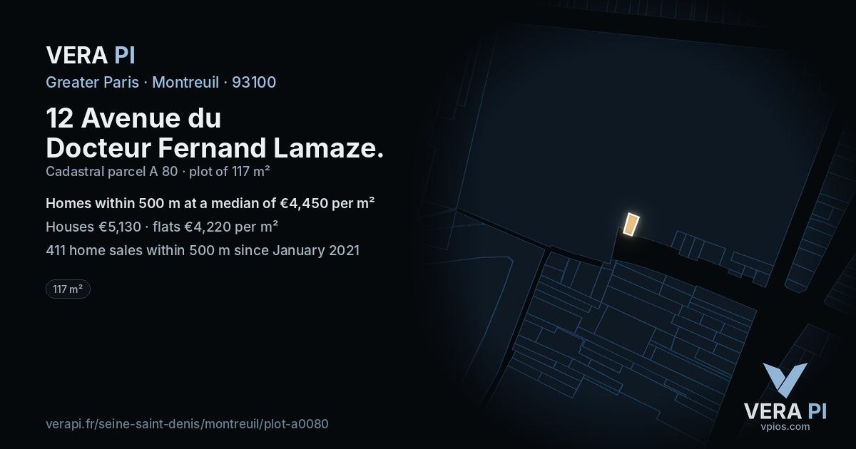 12 Avenue du Docteur Fernand Lamaze, Montreuil at night – the plot lit, the parcels around coloured by the prices near them