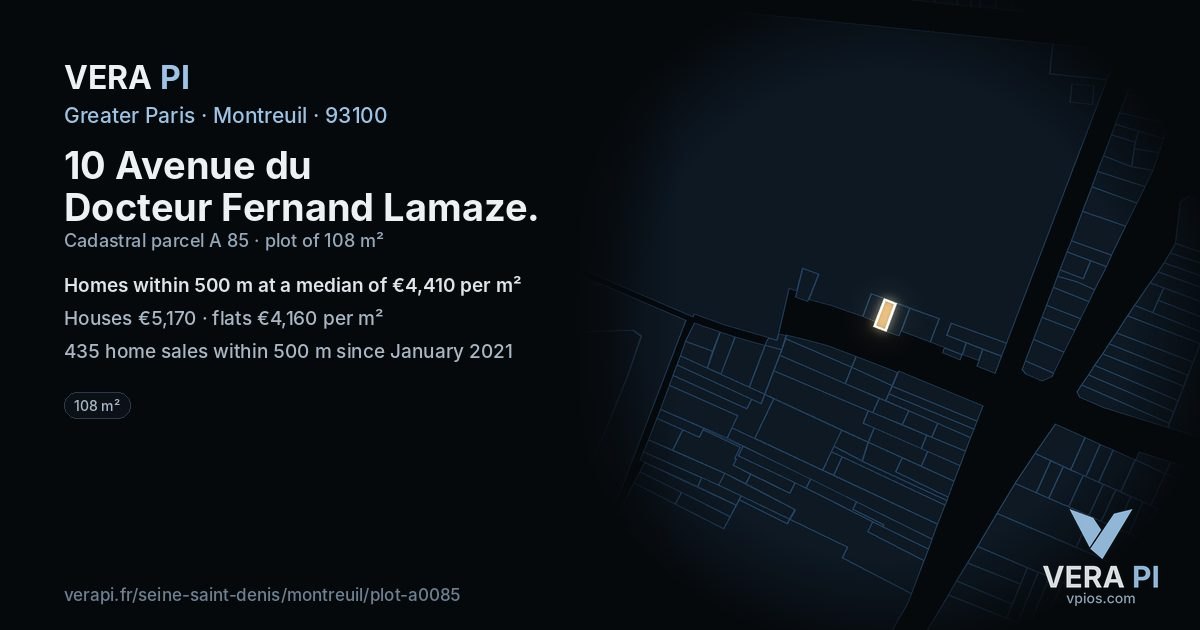 10 Avenue du Docteur Fernand Lamaze, Montreuil at night – the plot lit, the parcels around coloured by the prices near them