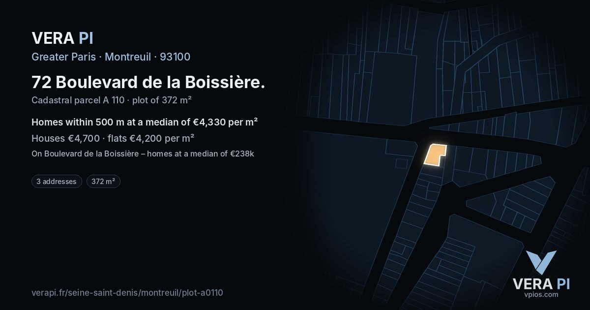 72 Boulevard de la Boissière, Montreuil at night – the plot lit, the parcels around coloured by the prices near them