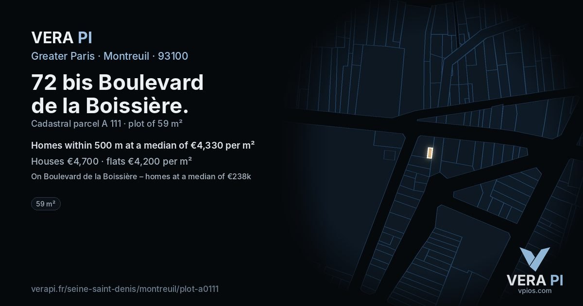 72 bis Boulevard de la Boissière, Montreuil at night – the plot lit, the parcels around coloured by the prices near them