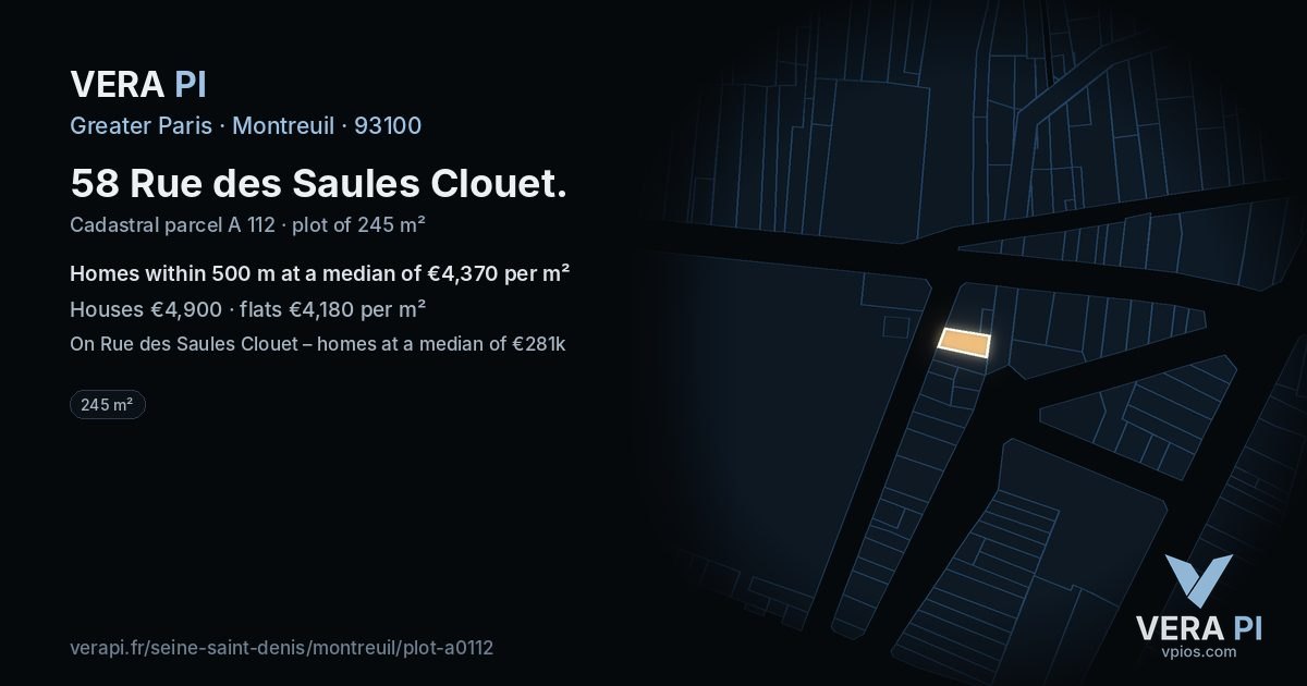 58 Rue des Saules Clouet, Montreuil at night – the plot lit, the parcels around coloured by the prices near them