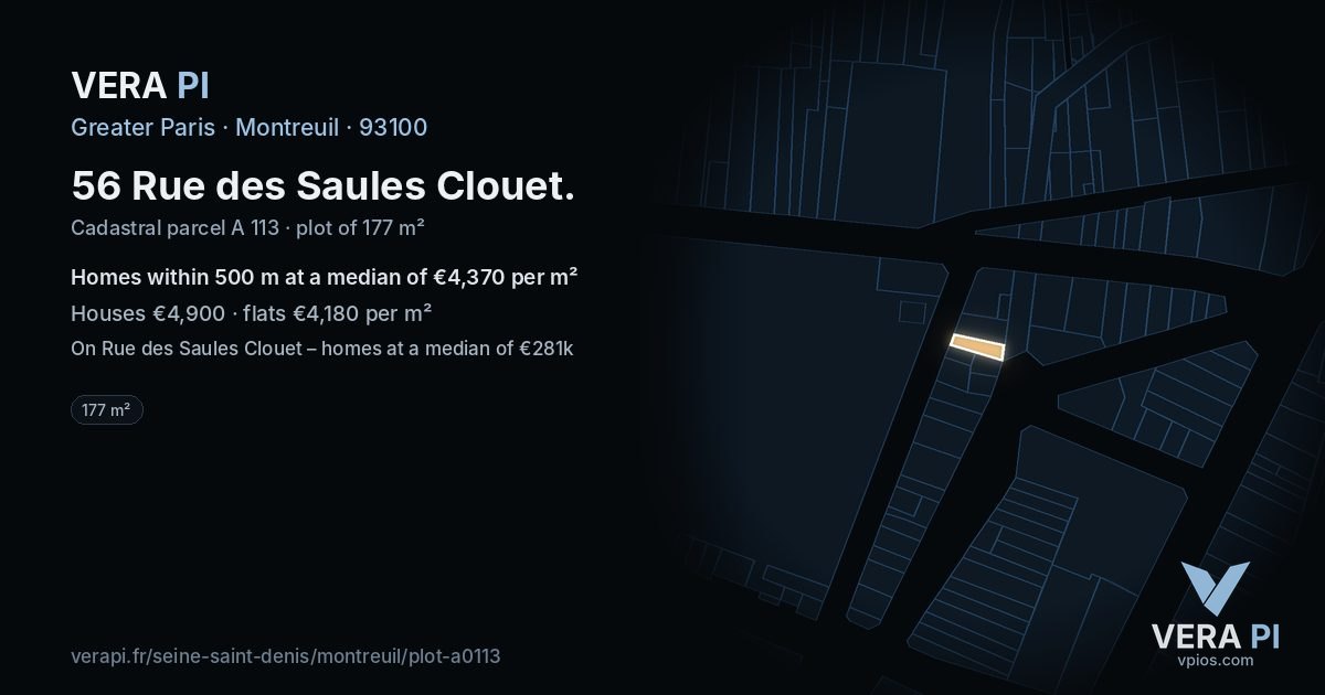 56 Rue des Saules Clouet, Montreuil at night – the plot lit, the parcels around coloured by the prices near them