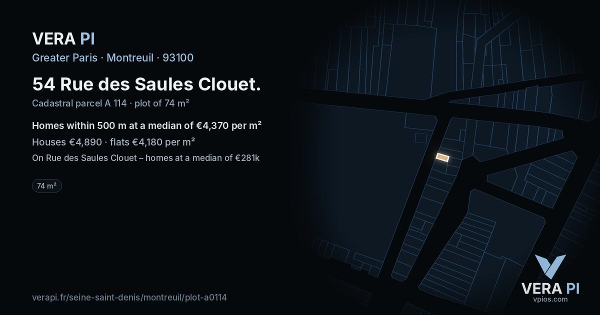 54 Rue des Saules Clouet, Montreuil at night – the plot lit, the parcels around coloured by the prices near them