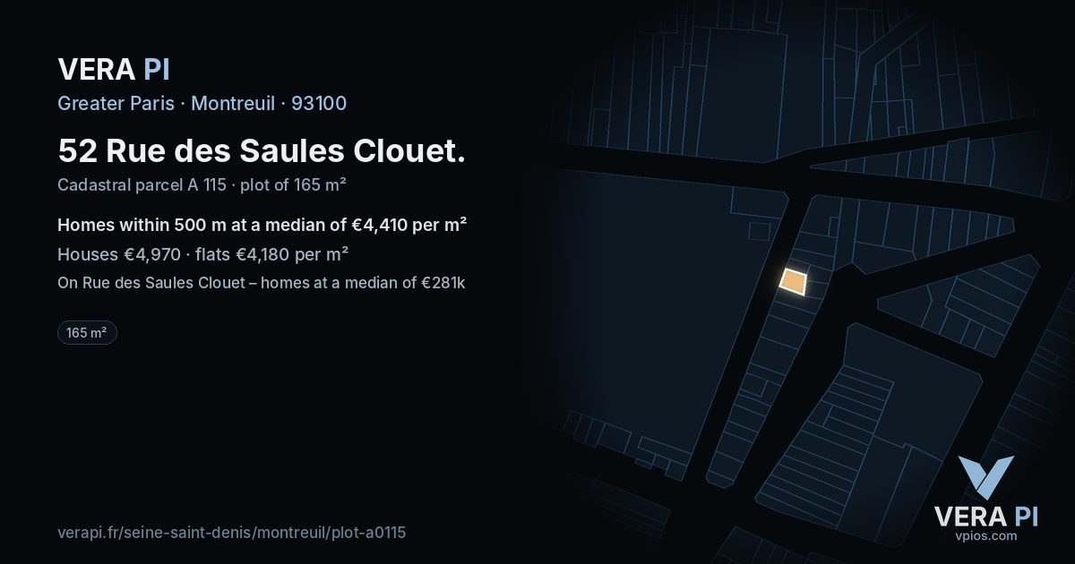 52 Rue des Saules Clouet, Montreuil at night – the plot lit, the parcels around coloured by the prices near them