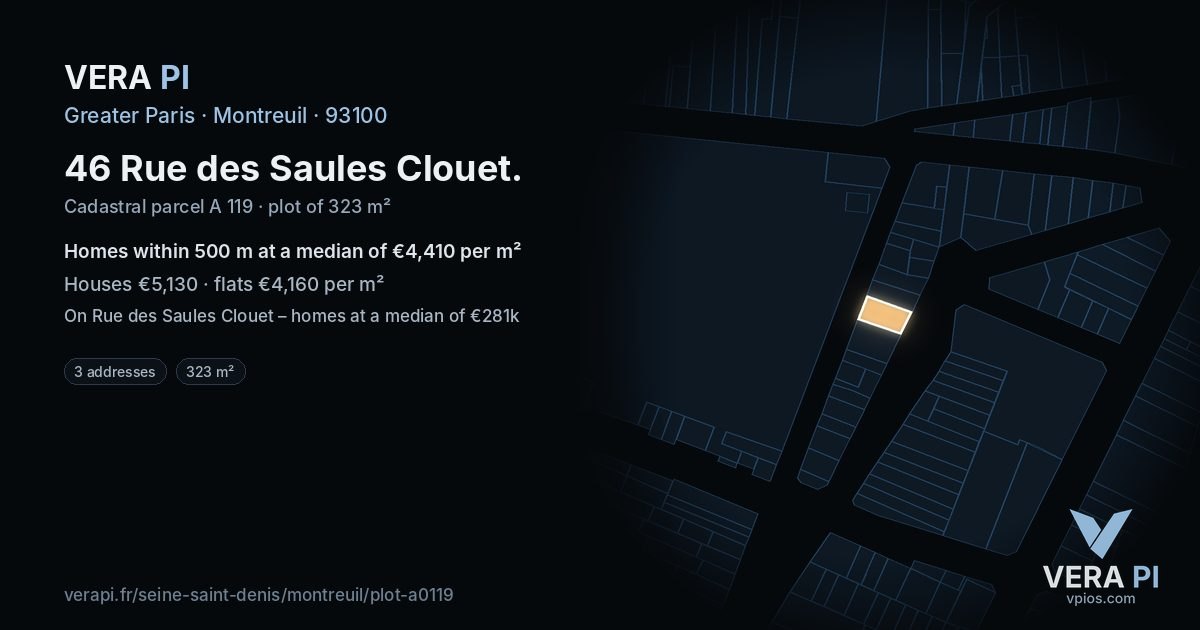 46 Rue des Saules Clouet, Montreuil at night – the plot lit, the parcels around coloured by the prices near them