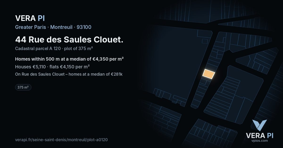 44 Rue des Saules Clouet, Montreuil at night – the plot lit, the parcels around coloured by the prices near them