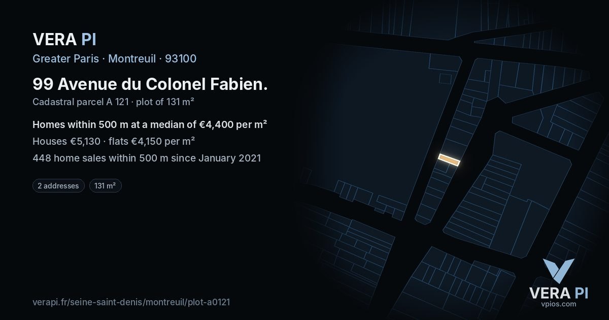 99 Avenue du Colonel Fabien, Montreuil at night – the plot lit, the parcels around coloured by the prices near them