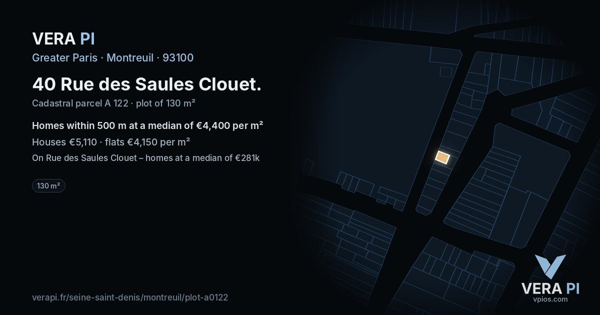 40 Rue des Saules Clouet, Montreuil at night – the plot lit, the parcels around coloured by the prices near them